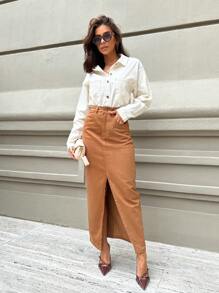 Women's Long Sleeve Oversized Dress Shirt Camisole Blouse - Cream - View 6