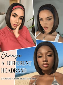 Synthetic Headband Wig Straight Bob Wigs For Women 10'' 14'' 26''Black And Mix Brown Headband Wig Short Easy Put On And Go Glueless Wigs Short Straight Wigs Heat Resisitant Bob Wig With Headband For Halloween - Multicolor - View 8