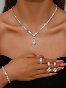 奢华镶钻水滴形项链、手链、耳环和戒指套装、婚礼配饰 - 銀色 - 查看 12