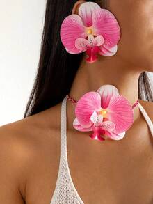 imoli 2 件/套时尚清新聚苯乙烯蝴蝶兰花朵元素 3D 颈链、长扭蜡线耳环和项链首饰套装适合女士派对礼物（人工染色，颜色深度可能略有不同） - 彩色 - 查看 2