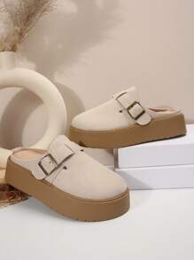 Women's Oversized US Size 5-9 Beige Slip-On Platform Slippers, Thick Sole Comfortable Casual Mule Shoes, Spring & Autumn