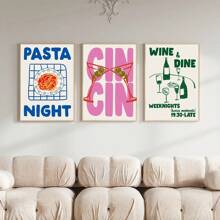 1pc/3PCS Fashion Cin Wine Pink Minimalist Kitchen Canvas Wall Art Print, Retro Wine Poster, Pasta Night Food Print, Bar Cart Wall Art, Bedroom Living Room Hallway Restaurant Art, Room Decor, Wall Decor, Home Decor, Summer Decoration, No Frame Gifts Birthday Graduation Kitchen Decor