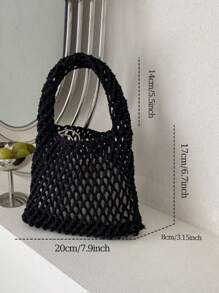 BAILEE 1 Set Bolso de malla de ganchillo de poliéster de unicolor, bolso de playa acolchado, liviano y portátil de gran capacidad, con estilo, adecuado para que las mujeres asistan a festivales/vacaciones/actividades al aire libre/viajes/senderismo/deportes, adecuado para verano, otoño e invierno, el imprescindible y llamativo bolso de playa para el otoño, el bolso de playa para mujer talla grande popular, artículos esenciales de playa, suministros de playa y necesidades de verano, el último bolso de vacaciones - Negro - Ver 9