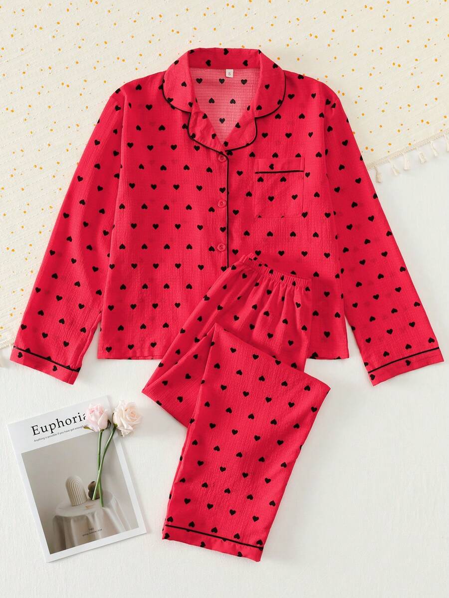 2 Pieces Set Women's Bubble Wrinkled Heart Printed Long Sleeve Shirt With Lapel Collar And Long Pants Pajama For Women Set, Comfortable For Home Use Autumn & Winter Loungewear Set - Rose Red - View 1