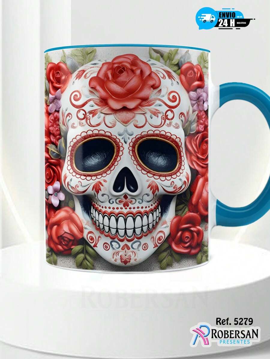 Canecas de Porcelana Personalizadas Caveira Diferentes de Halloween 3D de Café 5279 - Azul - Visão 1