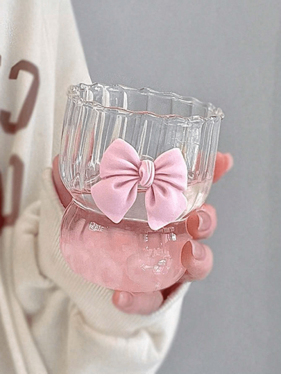 Cute Pink Clear Ribbon Heatproof Coffee Mug Glass Party, Gifts, Parties, Weddings, Holiday Supplies Vertical Pattern Cup Cute Bubble Tea Cup Lemon Juice Drink Mug Holiday Party Party Wine Glasses, Family Dinner, Birthday Party.