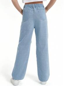 EXARUS 青少年女孩牛仔裤 宽腿宽松破洞破洞牛仔裤 高腰松紧带休闲带口袋儿童直筒牛仔裤