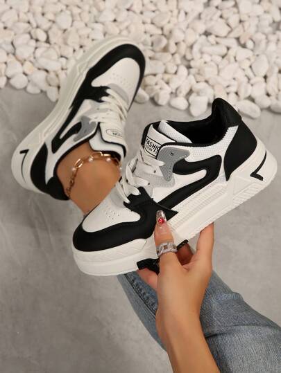 2025 Spring New Women Black & White Color Student Sneakers, Fashion Versatile Breathable Sports Shoes, Casual Shoes Ins Style