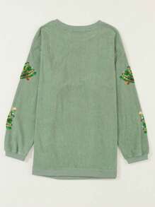 Sequin Christmas Tree Graphic Drop Shoulder Round Neck Oversize Sweatshirt,Long Sleeve Tops - Green - View 3