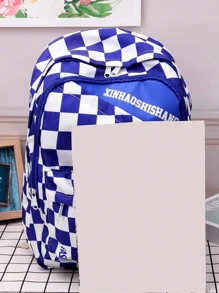 Mochila clásica tablero de ajedrez patrón de color combinado preppy con accesorio de bolso - Azul - Ver 4