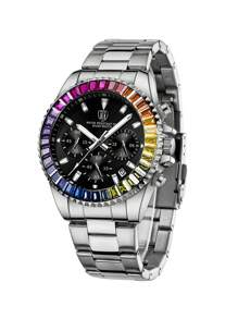 1pc Luxury Business Men's Watch, Chronograph, Rainbow Case Men's Stainless Steel Strap Calendar Night Light Quartz Watch, Men's Casual Watch, Waterproof Clock Women's Watch+Free Chain Link Remover