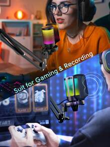 FIFINE Gaming PC USB Microphone, Podcast Condenser Mic With Boom Arm, Pop Filter, Mute Button For Streaming, Recoding Video, Twitch, Online Chat, RGB Computer Mic Compatible With PC Gamer Youtuber-FIFINE A6T