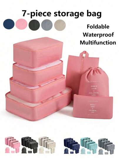 7/1 件旅行收纳袋套装 - 可折叠行李整理袋，带鞋袋、化妆包、洗漱包、收纳袋、网眼洗衣袋、压缩收纳袋 - 适合旅行、宿舍、度假 - 男女通用