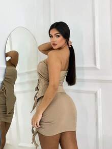 Women's Off-The-Shoulder Blouse And Skirt Set With Diagonal Cutout - Màu be - Xem 2