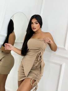 Women's Off-The-Shoulder Blouse And Skirt Set With Diagonal Cutout - Màu be - Xem 1