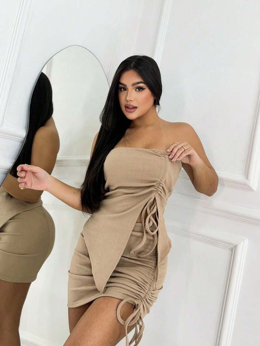 Women's Off-The-Shoulder Blouse And Skirt Set With Diagonal Cutout - Màu be - Xem 1