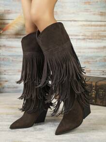 Women Brown Knee-High Geometric Fringed Decor Side Zip Faux Suede Chunky Heel Boots, Wooden Grain High-Heel Pointed Toe Comfy Western Cowgirl Boots