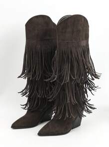 Women Brown Knee-High Geometric Fringed Decor Side Zip Faux Suede Chunky Heel Boots, Wooden Grain High-Heel Pointed Toe Comfy Western Cowgirl Boots