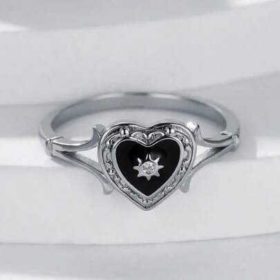 1pc 18K Gold Plated Bohemian Style Heart Shape Ring, Black Enamel Heart Ring, Women's Jewelry Gift For Valentine's Day Valentines,Mom,Mother,Mother's Day,Gift