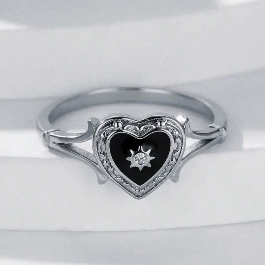 1pc 18K Gold Plated Bohemian Style Heart Shape Ring, Black Enamel Heart Ring, Women's Jewelry Gift For Valentine's Day Valentines,Mom,Mother,Mother's Day,Gift - Silver - View 1