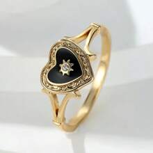 1pc 18K Gold Plated Bohemian Style Heart Shape Ring, Black Enamel Heart Ring, Women's Jewelry Gift For Valentine's Day Valentines,Mom,Mother,Mother's Day,Gift - Silver - View 2
