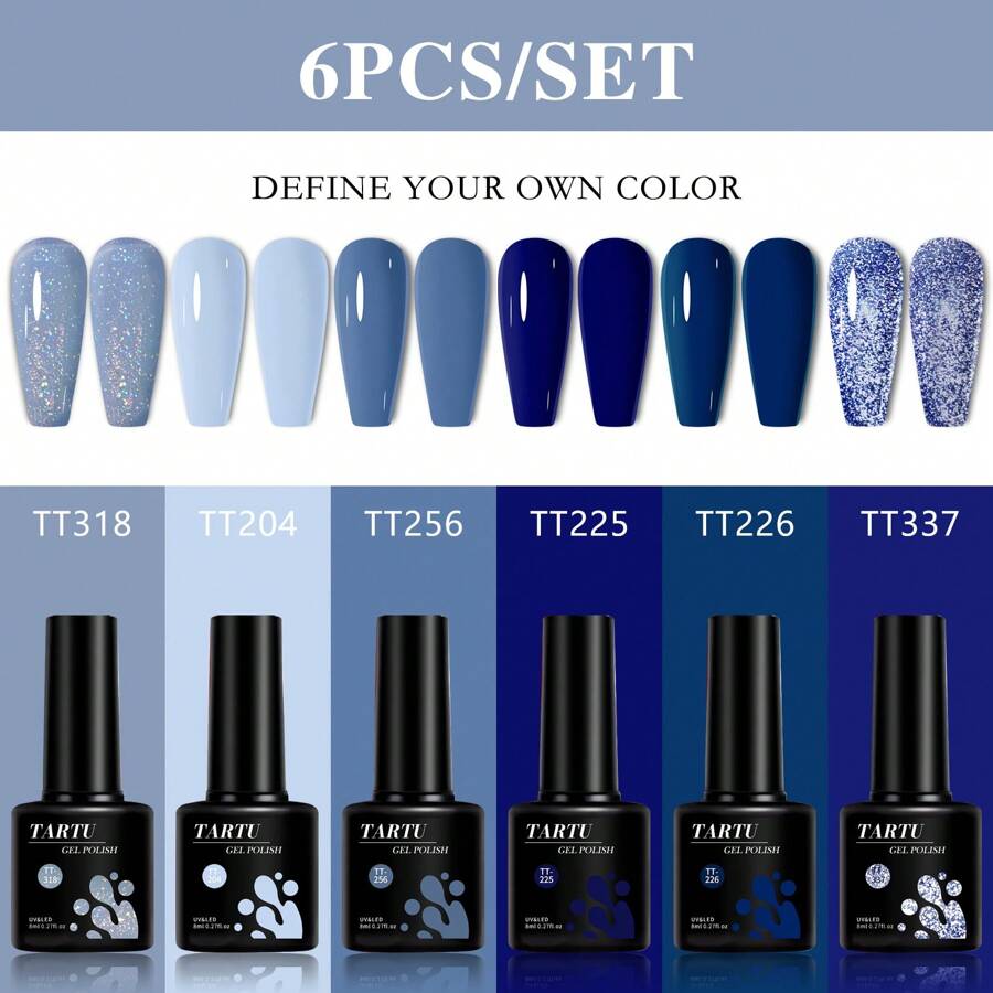 TARTU 6支装8毫升蓝色指甲油凝胶套装，全息闪粉6色凝胶指甲油套装，可卸除，适用于UV/LED灯，适合沙龙美甲和居家DIY美甲，送给女孩的礼物