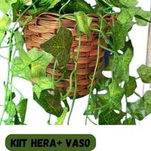 Conjunto de 2 Plantas Artificiais Pendente com Vaso Trançado e 3 Trepadeiras de Hera