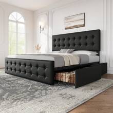 King/Queen/Full Size Bed Frame With 4 Storage Drawers And Headboard, Faux Leather Upholstered Platform Bed Frame With Wooden Slats Support, Button Tufted Design, No Box Spring Needed - Black - View 2