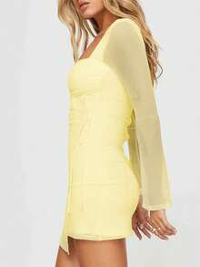 Robe moulante à manches longues avec design asymétrique de manches évasées en maille, style européen et américain - Jaune citron - Voir 3
