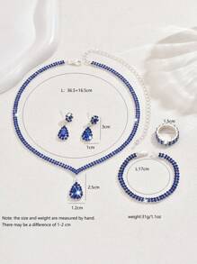 奢华镶钻水滴形项链、手链、耳环和戒指套装、婚礼配饰 - 銀色 - 查看 11