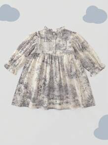1 pièce Robe à manches longues de princesse avec patchwork de dentelle et motif paysage vintage pour jeune fille, automne