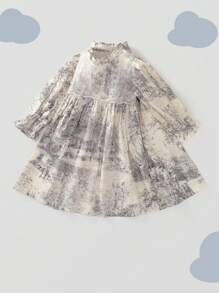 1 pièce Robe à manches longues de princesse avec patchwork de dentelle et motif paysage vintage pour jeune fille, automne