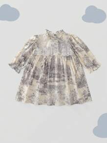1 pièce Robe à manches longues de princesse avec patchwork de dentelle et motif paysage vintage pour jeune fille, automne