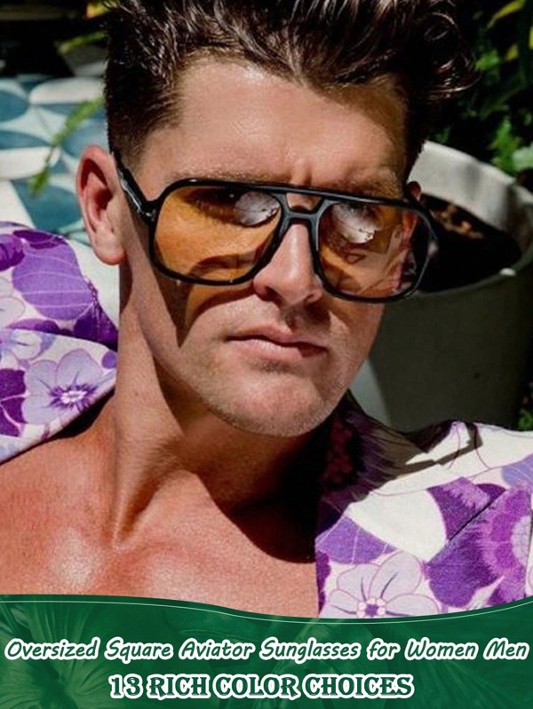 Lunettes de soleil vintage carrées surdimensionnées de mode pour hommes, monture épaisse avec double pont. Style années 70. Verres verts pour l'été, la plage, les vacances, l'extérieur et les voyages.