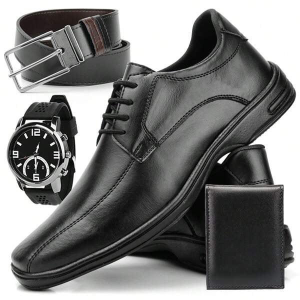 Sapato Social Formal Masculino Moderno Preto Confortável Casual Versátil Promoção Kit Cinto Carteira e Relógio