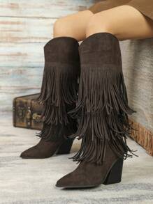 Women Brown Knee-High Geometric Fringed Decor Side Zip Faux Suede Chunky Heel Boots, Wooden Grain High-Heel Pointed Toe Comfy Western Cowgirl Boots