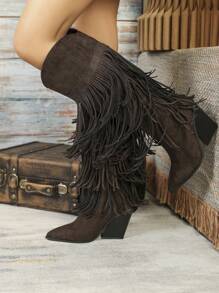 Women Brown Knee-High Geometric Fringed Decor Side Zip Faux Suede Chunky Heel Boots, Wooden Grain High-Heel Pointed Toe Comfy Western Cowgirl Boots
