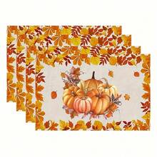 4 件套感恩节秋季南瓜格子方形餐垫，涤纶面料，可机洗餐桌装饰 - 彩色 - 查看 4