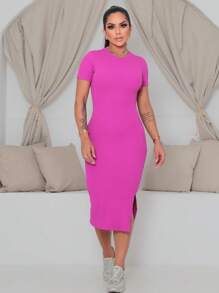 Midi Dress With Side Opening In Wrinkled Ana Fabric - Purple - View 4