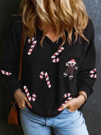 Sequin Christmas Graphic Drop Shoulder V Neck T-Shirt