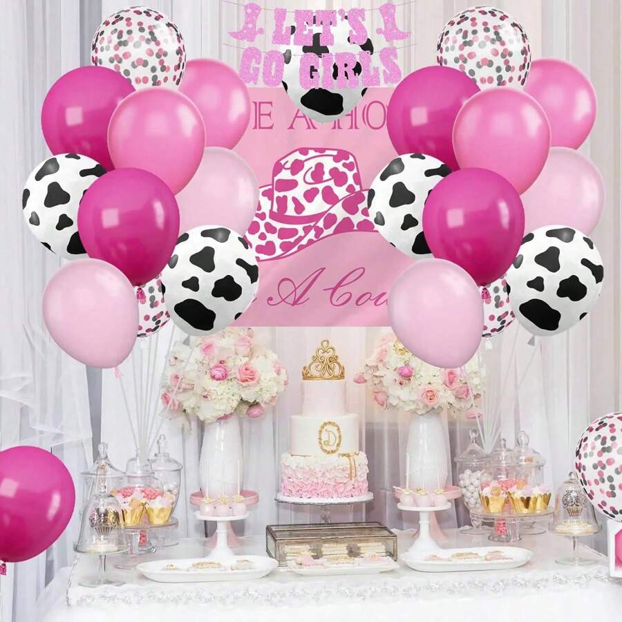 32pcs Cowgirl Party Backdrop Decorations Include 1 Piece Pink "Save A Horse Ride A Cowboy" Flag, Pull Flag, 12 Inch Pink Cow Print Balloon Set Pink Confetti Pink Helium Latex Balloons For Cowgirl Birthday Party - Multicolor - View 1