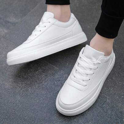 （略小码）男士白色简约系带舒适低帮运动鞋，时尚浪漫学院风休闲运动鞋