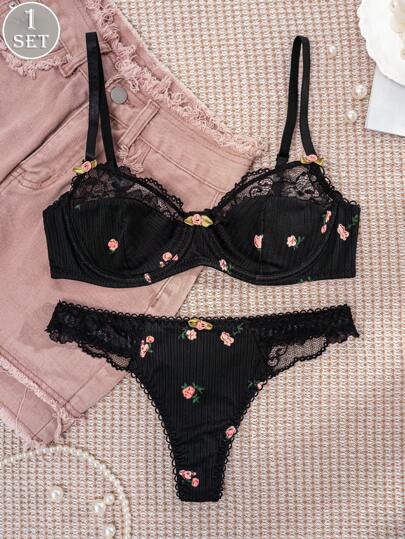 1set Zwart Bloemen Kanten BH Set, Lingerie