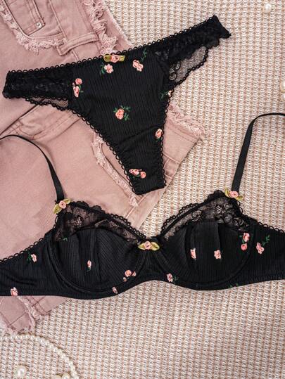 1set Zwart Bloemen Kanten BH Set, Lingerie view 3
