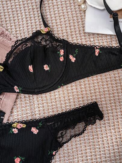 1set Zwart Bloemen Kanten BH Set, Lingerie view 6