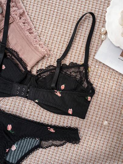 1set Zwart Bloemen Kanten BH Set, Lingerie view 7