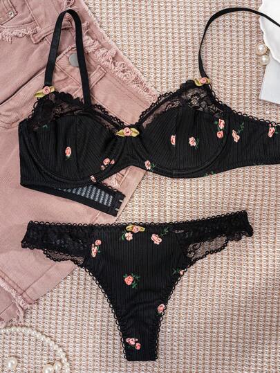 1set Zwart Bloemen Kanten BH Set, Lingerie view 5