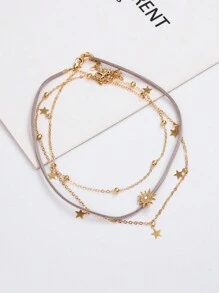 3pcs/Set Personalized Fashionable Multi-Layered Velveteen Sun & Pentagram Pendant Necklace Set Including 3-Layered Rhinestone Choker Necklace - Yellow Gold - View 14