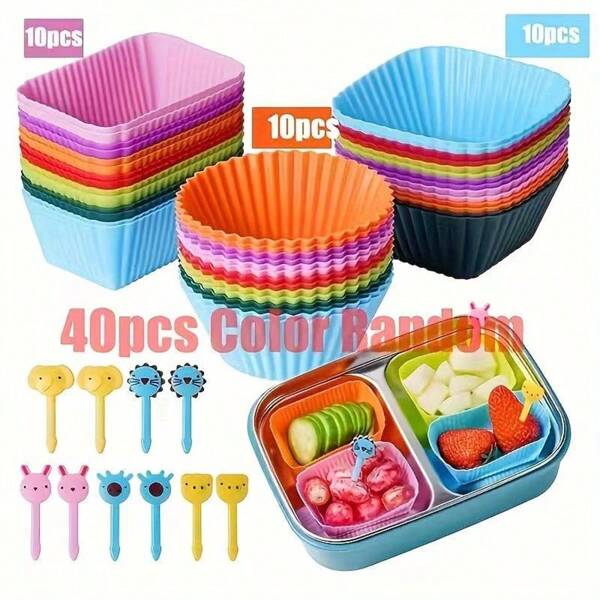 40pcs/Set Silicone Muffin Cup Jelly Pudding DIY Baking Mold, Cartoon Fruit Forks For Kids, Plastic Fruit Fork Set, Lunch Box Tags Christmas Gift,School Supplies