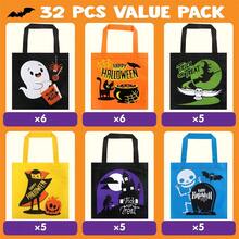 SYNCFUN 32 Non-Woven Halloween Tote Gift Bags Colorful, 6 Patterns Design Trick Or Treat Bags For Halloween Party Favor Supplies, Reusable Goody Candy Bag, Halloween Snacks Goodie Bags